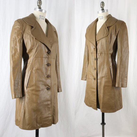 Vintage 70s Leather Jacket Brown Knee length Big Lapel - Picture 5 of 9